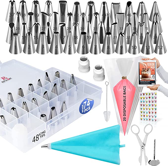 74PCs Icing Piping Bags and Tips Set-Cookie,Cupcake Icing Tips Cake Decorating Kit Baking Supplies -48 Numbered Cake Frosting Piping Tips with Reusable& Disposable Pastry Bags with Pattern Chart&Ebook