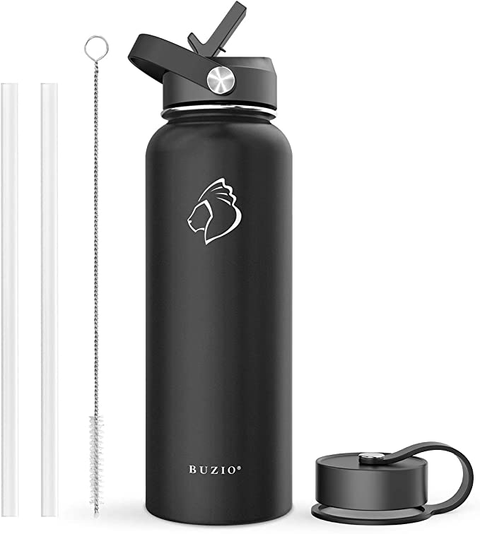 BUZIO Stainless Steel Water Bottle, BPA Free & Vacuum Insulated with Straw Lid and Flex Cap(Cold for 48 Hrs, Hot for 24 Hrs), Send from Australia,940ml/1180ml/1800ml Vacuum Insulated Water Bottle
