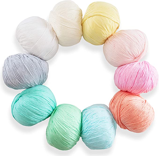 Studio Sam Pure Cotton Yarn Set for Knitting and Crochet. Pack of 10 Skeins, Total 1850 Yards. Fine Yarn for Baby Blankets and Clothes. Pastel Dreams Collection.