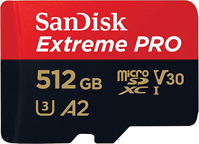 Sandisk Extreme Pro microSDXC, SQXCZ 512GB, V30, U3, C10, A2, UHS-I, 170MB/s R, 90MB/s W, 4x6, SD adaptor, Lifetime Limited, Red/black (SDSQXCZ-512G-GN6)