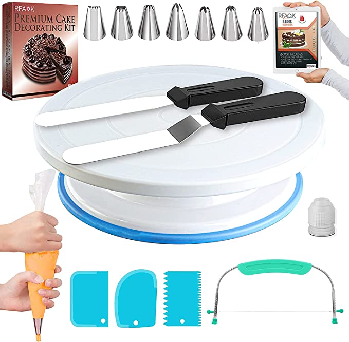 Cake Turntable and Leveler-Rotating Cake Stand with Non Slip pad- Straight & Offset Spatula-3 Icing Smoother Scraper Set -EBook-Cake Decorating Supplies Kit for Beginners -Baking Tools & Accessories