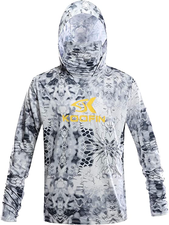 KOOFIN GEAR Performance Fishing Hoodie with Face Mask Hooded Sunblock Shirt Sun Shield Long Sleeve Shirt UPF 50 Dry Fit Quick-Dry
