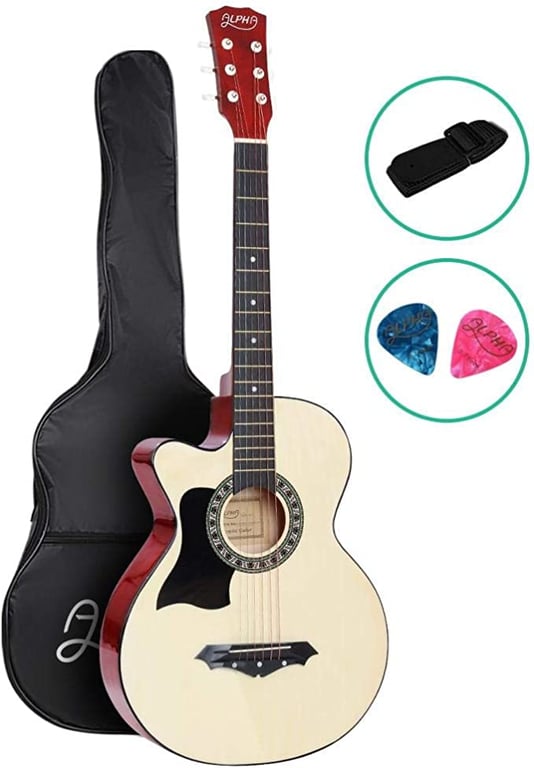 38 Inch Left Handed Guitar Wooden Acoustic Guitar Left Hand with Picks Strap Carry Bag - ALPHA