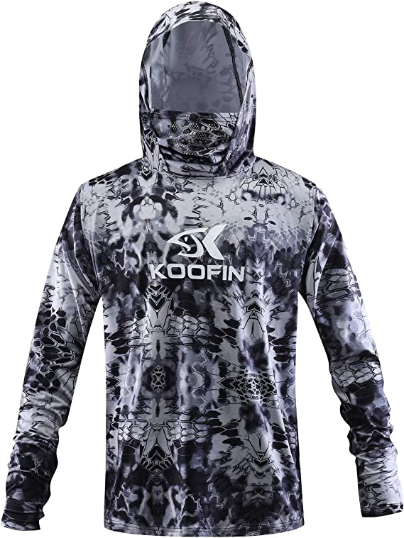 KOOFIN GEAR Performance Fishing Hoodie with Face Mask Hooded Sunblock Shirt Sun Shield Long Sleeve Shirt UPF 50 Dry Fit Quick-Dry