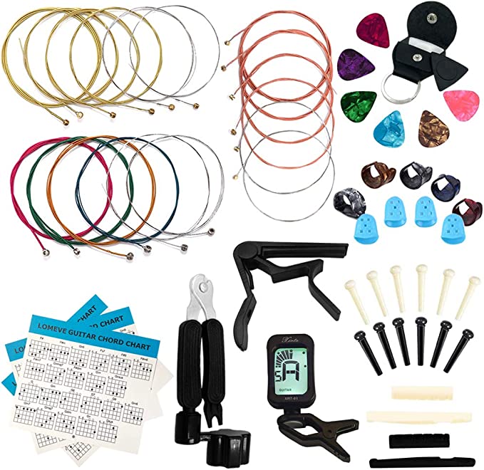 LOMEVE Guitar Accessories Kit Include Acoustic Guitar Strings, Tuner, Capo, 3-in-1 Restring Tool, Picks, Pick Holder, Bridge Pins, Nuts & Saddles, Finger Protector, Finger Picks, Chord Chart (58PCS)