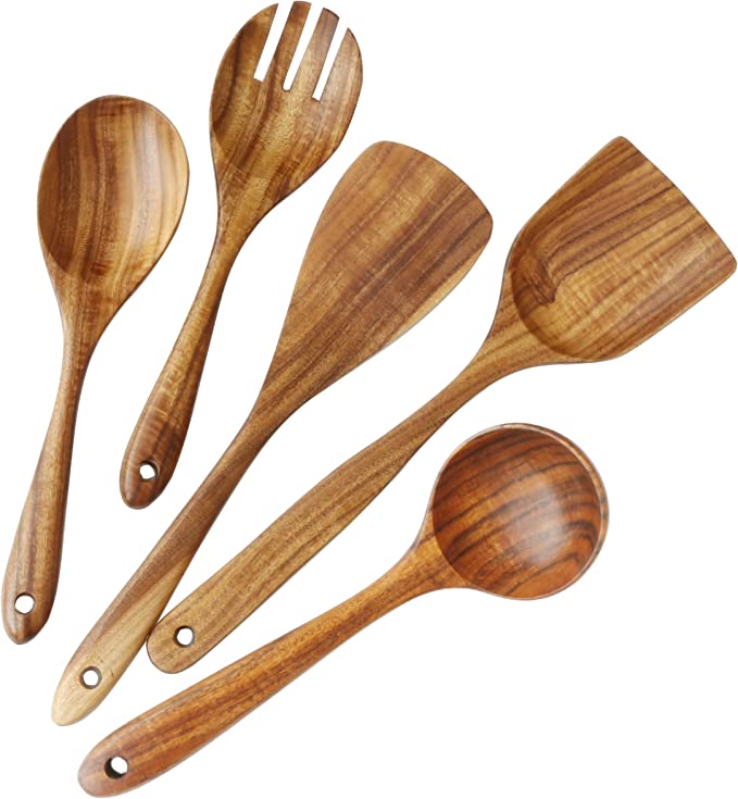 Wooden Utensils Set for Kitchen, ADLORYEA Wood Cooking Spoons Tools for Nonstick Cookware, 100% Handmade by Natural Teak Wood Without Any Painting
