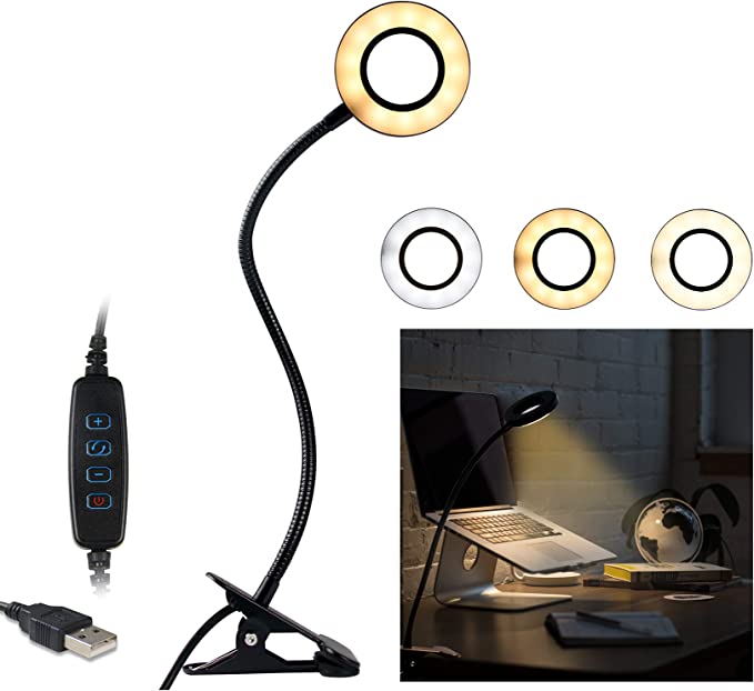 Clip on Lamp for Bed, USB Clamp Desk Lamp, Bedside Reading Light with 360 ° Flexible Gooseneck, Rimposky Small LED Desk Light with 3 Color Modes, 9 Brightness Dimmer, Auto Off Timer