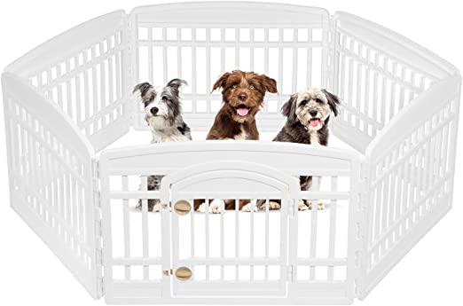 IRIS USA 24" Exercise 6-Panel Pet Playpen with Door, Dog Playpen, Puppy Playpen, for Small and Medium Dogs, Keep Pets Secure, Easy Assemble, Fold It Down, Easy Storing, Customizable, White