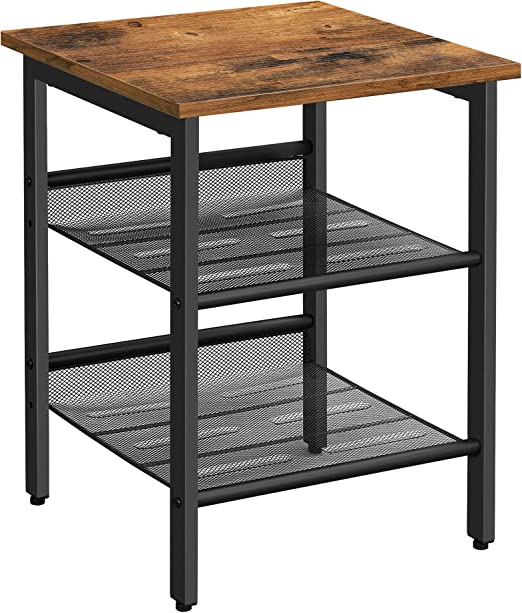 Vasagle Side Table, Nightstand, End Table with 2 Adjustable Mesh Shelves, Easy Assembly, Industrial for Living Room, Bedroom, Stable Steel Frame, Rustic Brown and Black