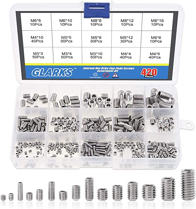 Glarks 420Pcs M3/M4/M5/M6/M8 Allen Head Socket Set Screw, 304 Stainless Steel Internal Hex Drive Grub Screw Assortment Kit