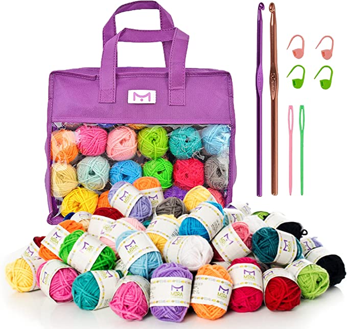 Complete Crochet kit for Beginners| 40 Mini Skeins of Colorful Acrylic Yarn for Crocheting & Knitting (875 yards), Yarn storage Bag, 2 Crochet Hooks, 4 Crochet Stitch Markers, 2 needles & 7 PDF Ebooks