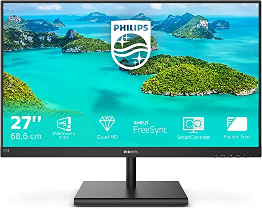 Philips 275E1S - 27 Inch QHD Monitor,75Hz, 4ms, IPS, AMD FreeSync, FlickerFree, SmartImage (2560 x 1440, 250 cd/m², HDMI/VGA/DP)