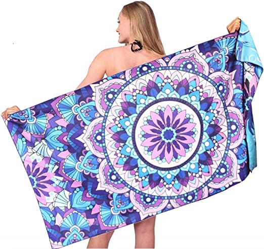 Sand Free Travel Beach Towel Blanket-Quick Fast Dry Super Absorbent Lightweight Thin Microfiber Towels for Pool Swimming Bath Camping Yoga Gym Blue Mandala Palm