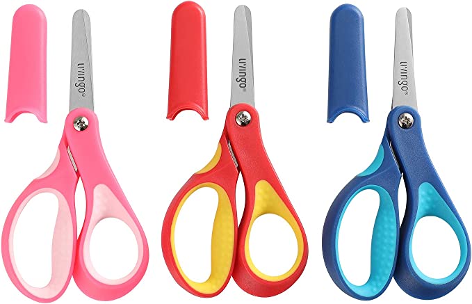 LIVINGO 5" Small School Student Blunt Tip Kids Craft Scissors, Sharp Stainless Steel Blades Safety Soft Grip Handles for Children Cutting Paper, Assorted Color, 3 Pack(12.7cm)