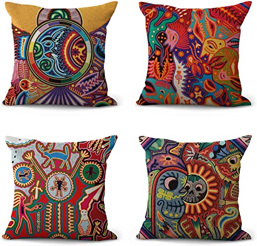 ArtSocket Set of 4 Linen Throw Pillow Covers Mexican Huichol Decorative Pillow Cases Home Decor Square 18x18 inches Pillowcases