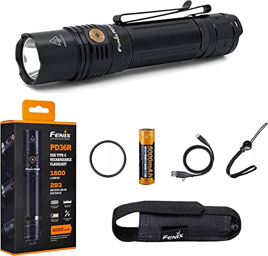 Fenix PD36R 1600 Lumen Rechargeable Torch with 283m Beam, IP68 Waterproof Tactical Flashlight, 5 Brightness Levels & Handheld Torch Light for Hiking & Camping with Type-C USB Charging Port