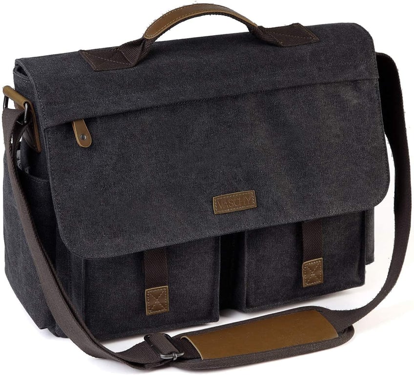 Messenger Bag for Men, VASCHY Vintage Water Resistant Waxed Canvas Satchel 15.6-17 inch Laptop Briefcase Shoulder Bag with Padded Shoulder Strap