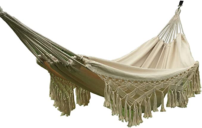 Macrame Cotton Camping Boho Hammock Woven Hanging Rope Chair Porch Swing with Crochet Fringe for Balcony Backyard Patio Garden Pool Outdoor and Indoor Natural White