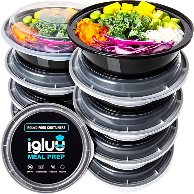 Round Plastic Meal Prep Containers - Reusable BPA Free Food Containers with Airtight Lids - Microwavable, Freezer and Dishwasher Safe - Ideal Stackable Salad Bowls - [10 Pack, 28 oz