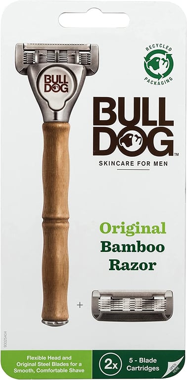 Bulldog Skincare for Men Original Bamboo Razor, Close Shave and Edge with 5 Steel Blades, Recycled Packaging, Lubricating Lube Strip with Aloe, 1 Bamboo handle, 2 replacment blades