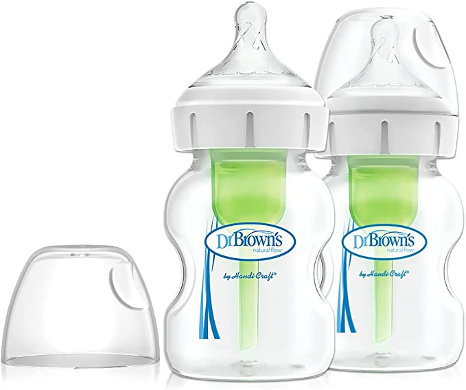 Dr. Brown's Options Plus with Level 1 Teat Wide Neck Feeding Bottle 2 Pack, 150 ml Capacity, Clear, WB52600-ESX