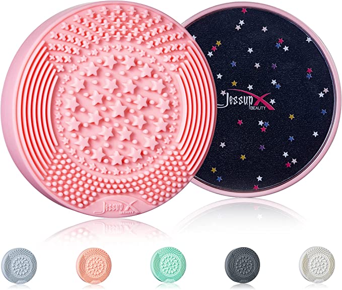 Jessup Makeup Brush Cleaning Mat with Color Removal Sponge, 2 in 1 Silicone Makeup Brush Cleaner