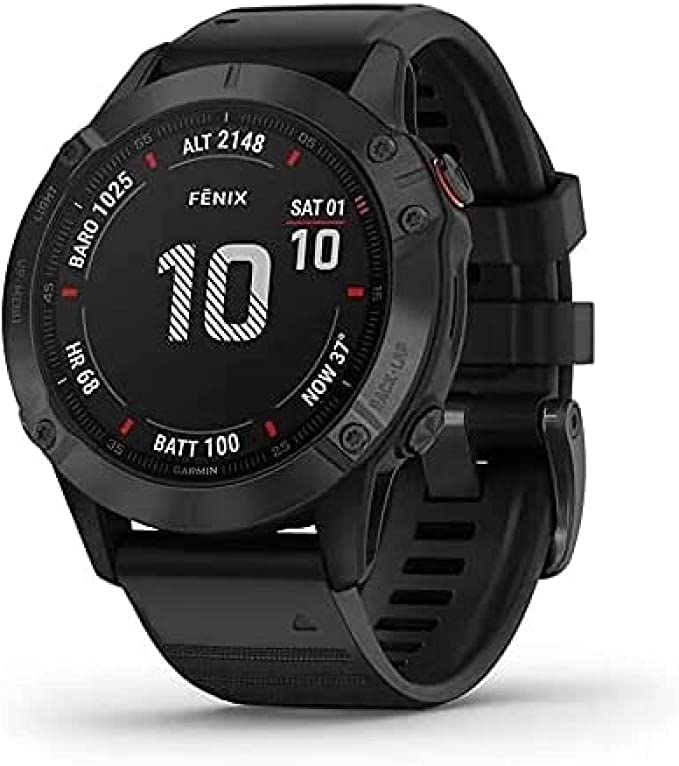 Garmin Fenix 6 Pro, Ultimate Multisport GPS Watch, Features Mapping, Music, Grade-Adjusted Pace Monitoring and Pulse Ox Sensors, Black with Black Band