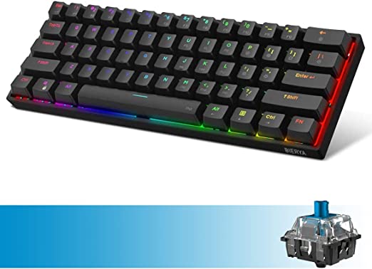 DIERYA DK61E 60% Gaming Keyboard w/Gateron Optical Blue Clicky Switches, Rainbow RGB Backlit PBT Keycap Waterproof USB-C Mini Compact 61 Keys Wired Mechanical Keyboard with Full Keys Programmable