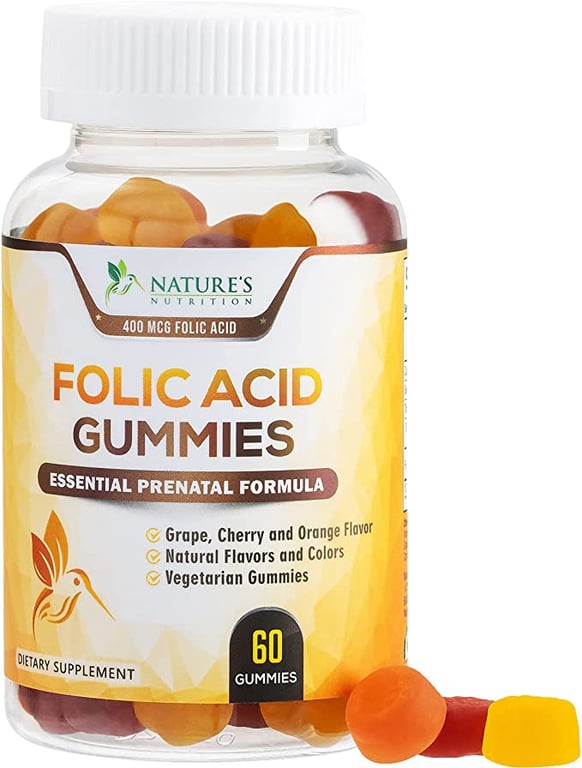 Folic Acid Gummies for Women 400mcg, Essential Support for Mom and Baby, Extra Strength Prenatal Vitamins, Chewable Folate Nutrition Supplement for Before, During, and After Pregnancy - 60 Gummies