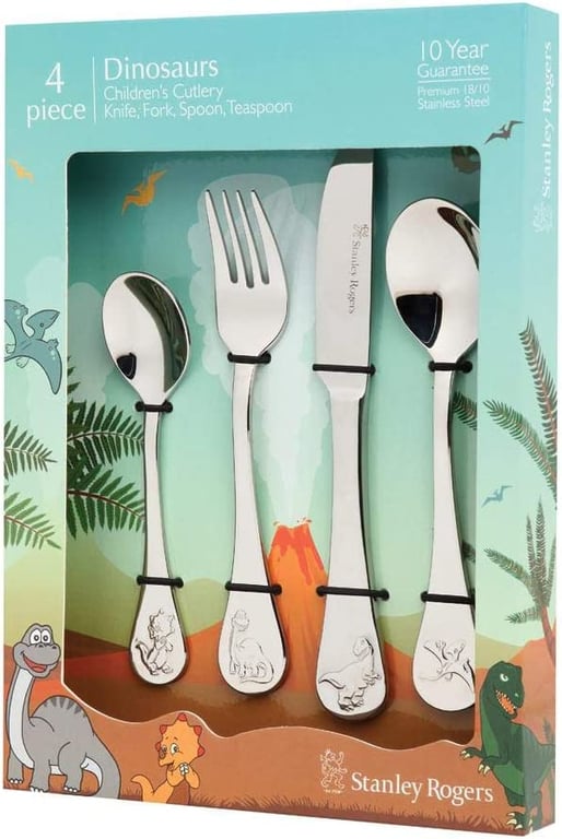 Stanley Rogers 50744 Children's Cutlery Dinosaurs 4 Piece, Stainless Steel Cutlery Set, Durable Flatware for Kids, Mirror Polished Silverware in Gift Box (Colour: Silver), Quantity: 1 Set, 4 Pieces