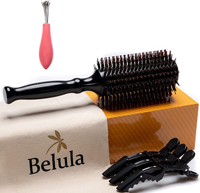 Belula Boar Bristle Round Brush for Blow Drying Set. Round Hair Brush With Large 2.7” Wooden Barrel. Hairbrush Ideal to Add Volume and Body. Free 3 x Hair Clips & Travel Bag.