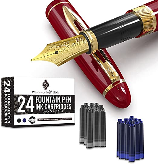 Wordsworth & Black Majesti Fountain Pen Set, Medium Nib, Includes 6 Ink Cartridges and Ink Refill Converter, Gift Case, Journaling, Calligraphy, Smooth Writing [Red Gold], Perfect for Men and Women