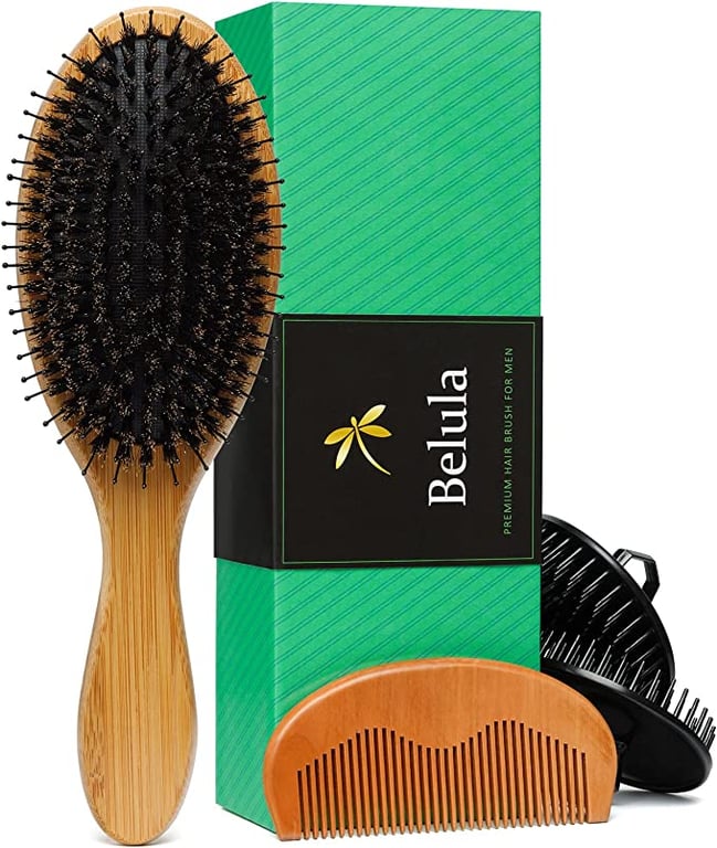 Belula Boar Bristle Hair Brush for Men Set.Styling Mens' Hair Brush with Nylon Pins. Boar Bristle Brush, 2 x Palm Brush, Wooden Comb & Travel Bag Included.