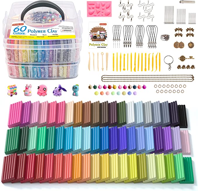 Polymer Clay, Shuttle Art 60 Colours Oven Bake Modeling Clay, Creative Clay Kit with 19 Clay Tools and 16 Kinds of Accessories, Non-Toxic, Non-Sticky, Ideal DIY Art Craft Clay for Kids Adults