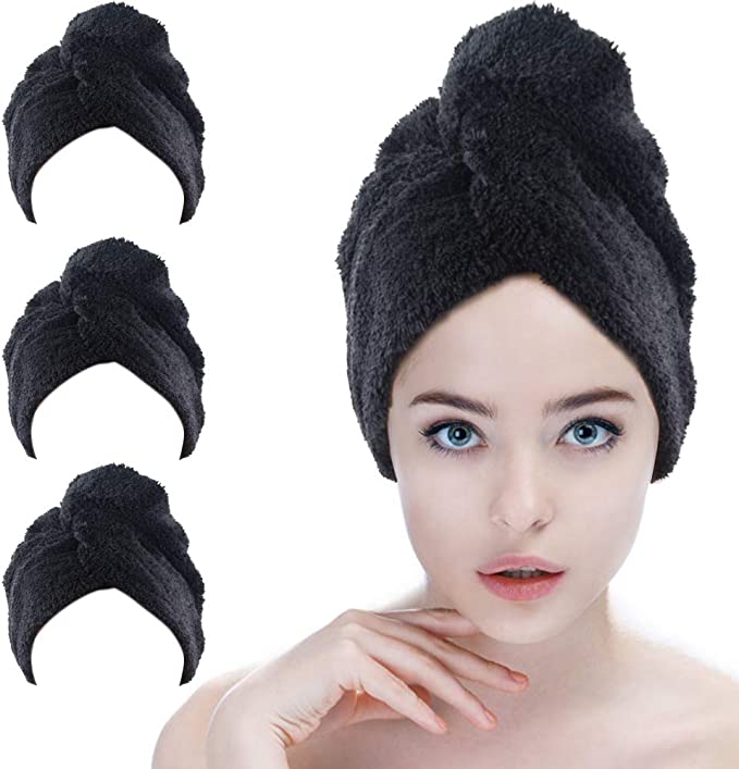 SINLAND Microfiber Hair Drying Cap Hair Towel Turban Twist for Long Hair Fast Drying Towels Head Turban Absorbent Soft Lightweight 3 Pack Black