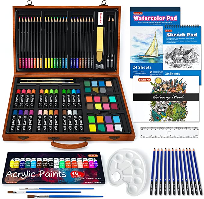 118 Piece Deluxe Art Set, Shuttle Art Art Supplies in Wooden Case, Painting Drawing Art Kit with Acrylic Paint Pencils Oil Pastels Watercolor Cakes Coloring Book Watercolor Sketch Pad for Kids Adults