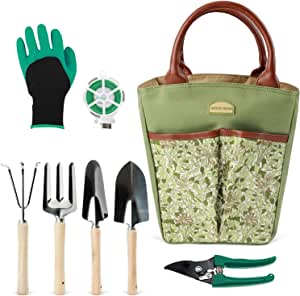 Good GAIN Garden Tools Set, 9 Piece Gardening Organizer Kit with Storage Tote Bag, Heavy Duty Planting Tools, Digger Gloves, Binding Wire and Pruner, Great Gift for Women & Men Mothers' Day. Green…