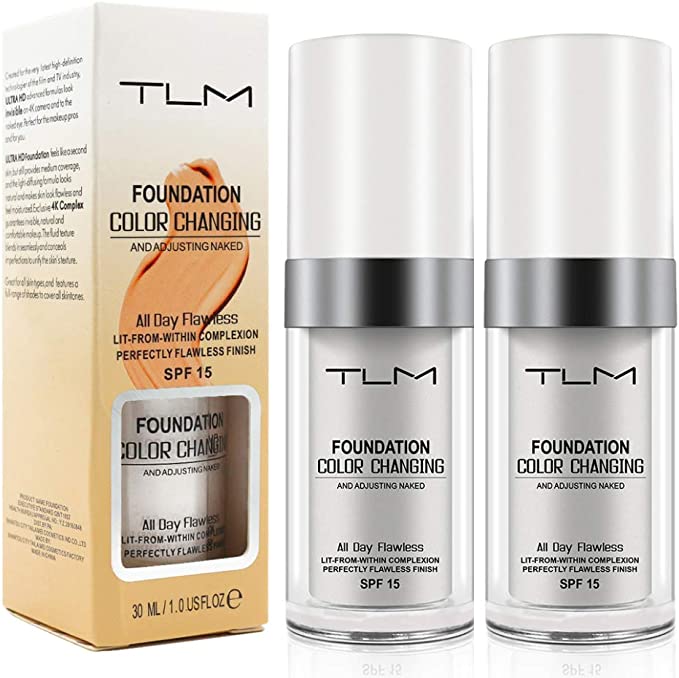 TLM Foundation Cream, Colour Changing Liquid Foundation Hides Wrinkles & Lines, BB Cream Makeup Base Concealer Cover Moisturizing Fluid for all Skin Tone SPF15, 2 Pack