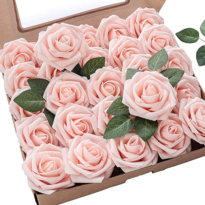 Floroom Artificial Flowers 25pcs Real Looking Blush Foam Fake Roses with Stems for DIY Wedding Bouquets Bridal Shower Centerpieces Party Decorations