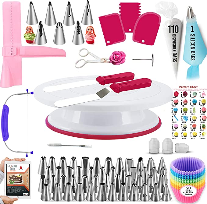 RFAQK 200 PCs Cake Decorating Supplies Kit for Beginners -1 Cake Turntable Stand with Piping Bags & Tips -2 Spatula -Cake Leveler & Icing Smoother-55 Piping Tips -Baking Tools - 20 Cupcake Liners