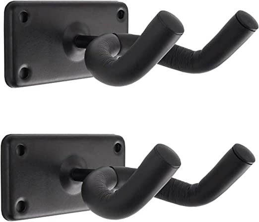 Guitar Wall Mount Hanger Metal Square 2 Pack Hook Holder Stand Black Display with Screws - Easy To Install - Fits All Size Guitars, Bass, Mandolin, Banjo, Ukulele