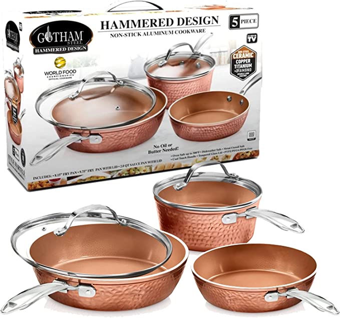 Gotham Steel Premium Hammered Cookware – 5 Piece Ceramic Cookware, Pots and Pan Set with Triple Coated Nonstick Copper Surface & Aluminum Composition for Even Heating, Oven, Stovetop & Dishwasher Safe