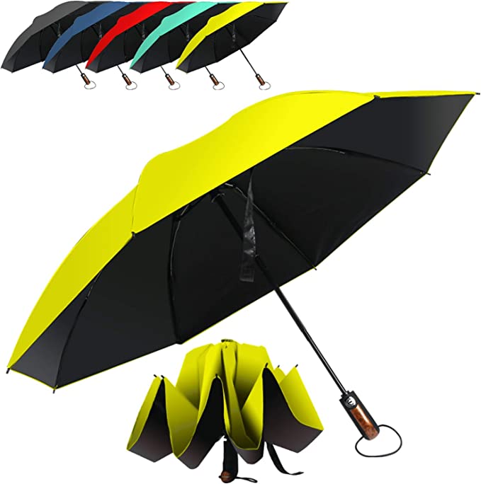 HAILSTORM Folding Reverse Umbrella with UV and UPF50+ Protection - Inverted Windproof Umbrellas with Lightweight Fiberglass Frame - Yellow