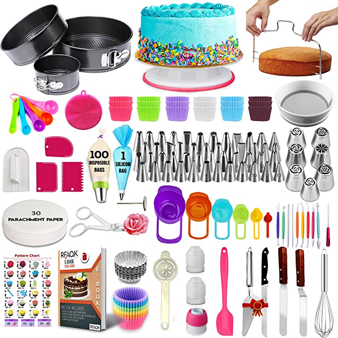 360 Pcs Cake Decorating Supplies Kit with Baking supplies-Springform Pan Set-Cake Turntable stand-55 Numbered Piping Tips & Bags-7 Russian tips -Icing Spatulas- Fondant tools-Measuring cups & Spoons