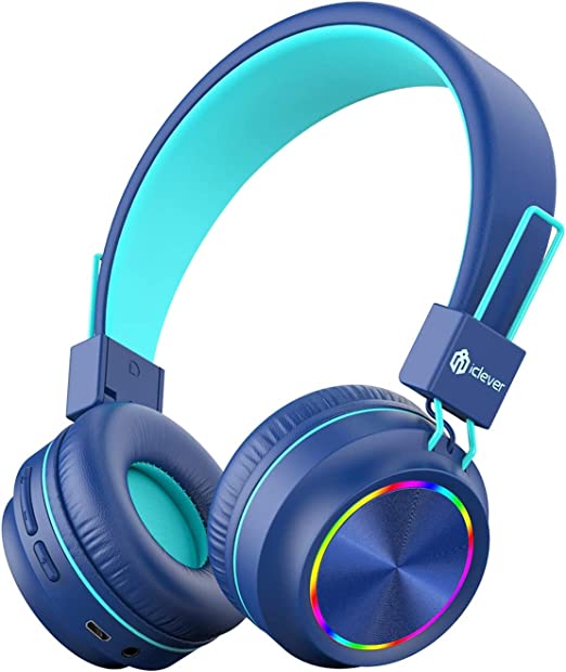 iClever BTH03 Kids Headphones, Colorful LED Lights Kids Wireless Headphones with MIC, 25H Playtime, Stereo Sound, Bluetooth 5.0, Foldable, Childrens Headphones on Ear for Study Tablet Airplane, Blue