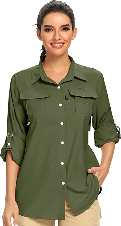Women's UPF 50+ UV Sun Protection Safari Shirt, Long Sleeve Outdoor Cool Quick Dry Fishing Hiking Gardening Shirts