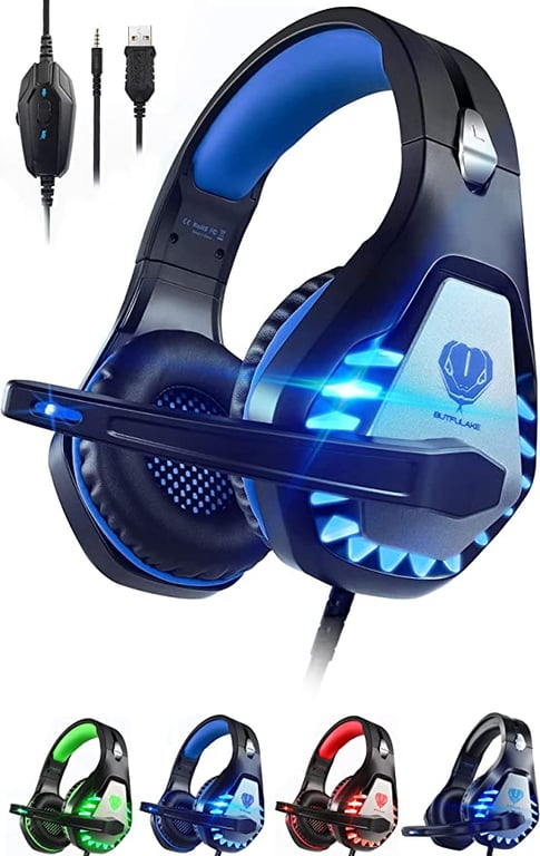 Pacrate Stereo Gaming Headset for PS4, Xbox One, PC with Noise Cancelling Mic - Surround Sound Gaming Headphones - Soft Memory Over Ear PS4 Headset with LED Light for Mac, Laptop (Black Blue)