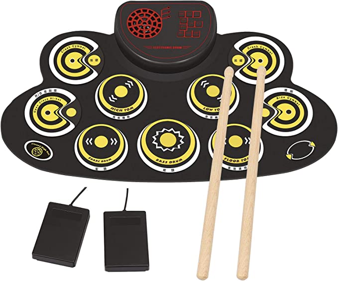 Electronic Drum Set Electronic Roll Up Practice Drum Pad Portable Drum Kit with Built in Speakers Foot Pedals,Drum Sticks,13Hours Playtime Xmas Beginners &Kids
