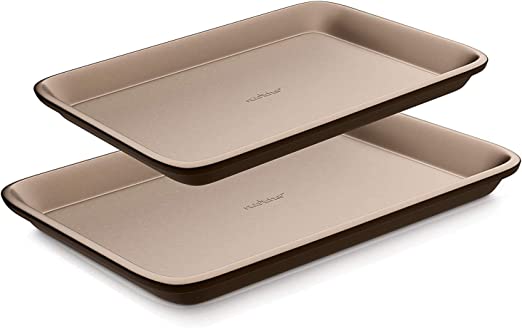 NutriChef Nonstick Cookie Sheet Baking Pan | 2pc Large and Medium Metal Oven Baking Tray - Professional Quality Kitchen Cooking Non-Stick Bake Trays w/ Rimmed Borders, Guaranteed NOT to Wrap, Gold