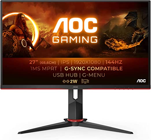 AOC Gaming 27G2U - 27 Inch FHD Monitor,144Hz,1ms, IPS, AMD FreeSync, Height Adjust, Speakers, USB Hub, Low Input Lag (1920x1080 @ 144Hz 250cd/m², HDMI/DP/VGA/USB 3.0)